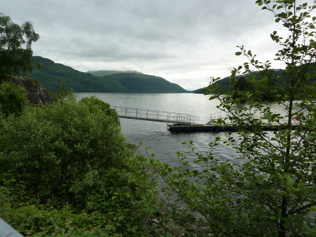 Anleger auf einem See, im Vordergrund Büsche, im Hintergrund bewaldete Hügel