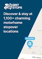 schräg geteilter Bildschirm, links oben Text zur BritStops-App auf dunkelblauem Hintergrund; rechts unten