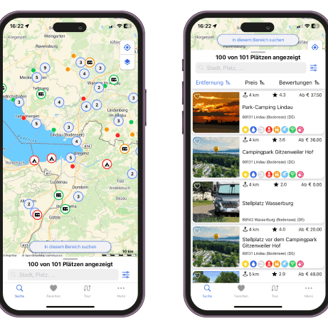 zwei Mobiltelefone nebeneinander, eines mit einer Landkarte, das andere mit einer Liste von Bildern und dazugehörenden Informationen